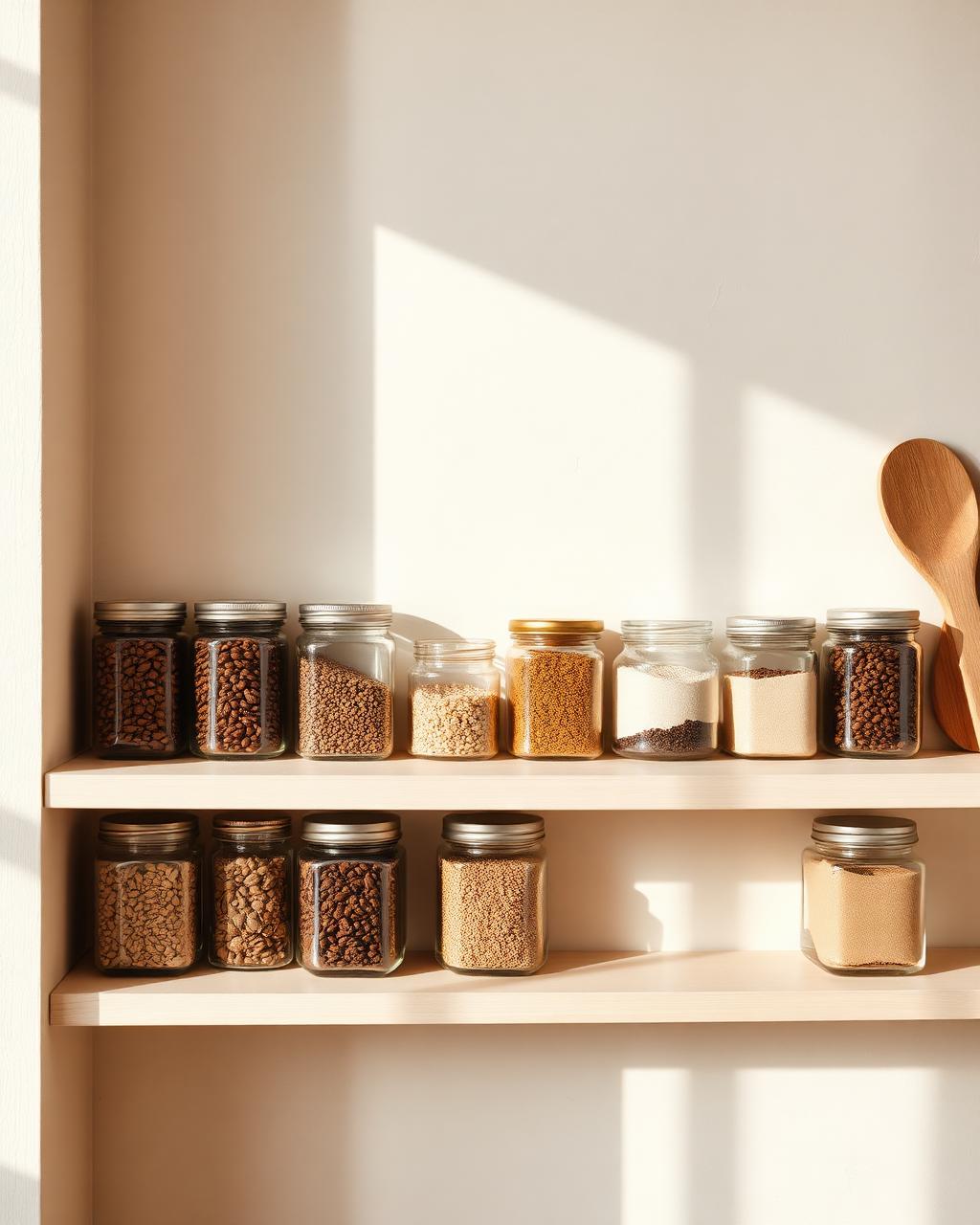 Glass jars of coffee beans, grains and spices arranged on a light wooden shelf in soft daylight