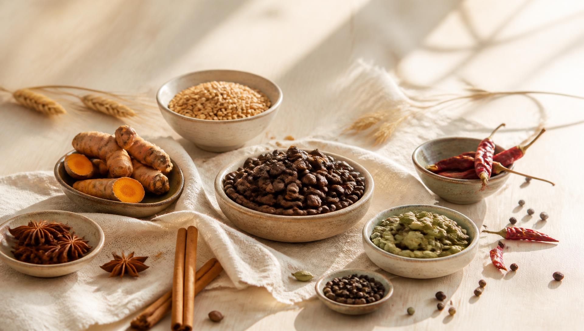 Premium coffee beans, Indian spices and golden grains arranged on cream linen in warm morning sunlight