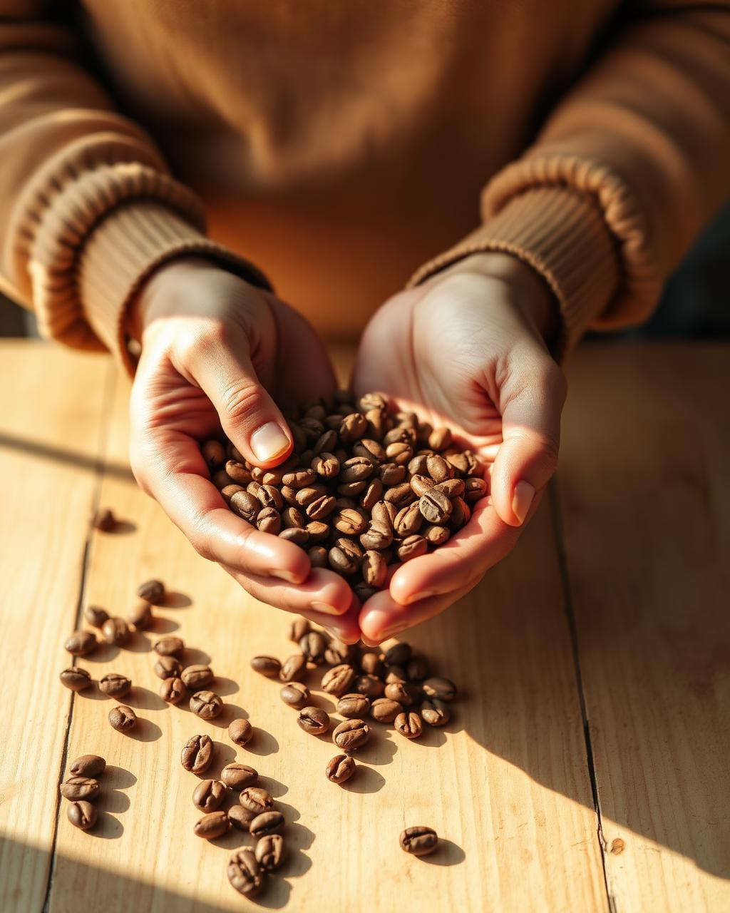 Hands gently cupping freshly sourced coffee beans in warm sunlight