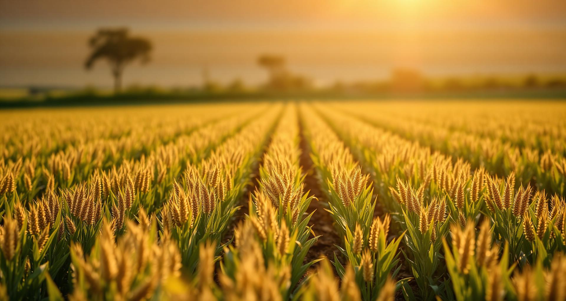 Young crop rows glowing in golden hour sunlight